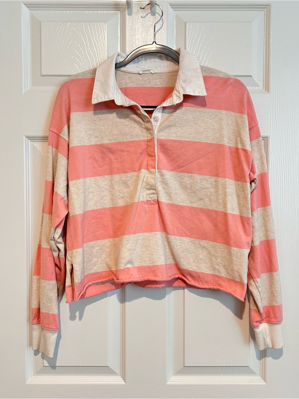 Aerie Cropped Striped Rugby Shirt - Pink & Cream